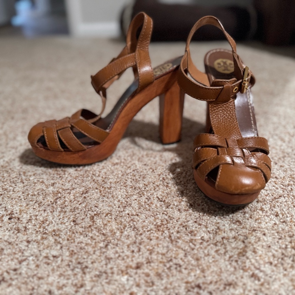 Tory Burch Tan Leather Heeled Sandals wood sole. Mary Jane 8